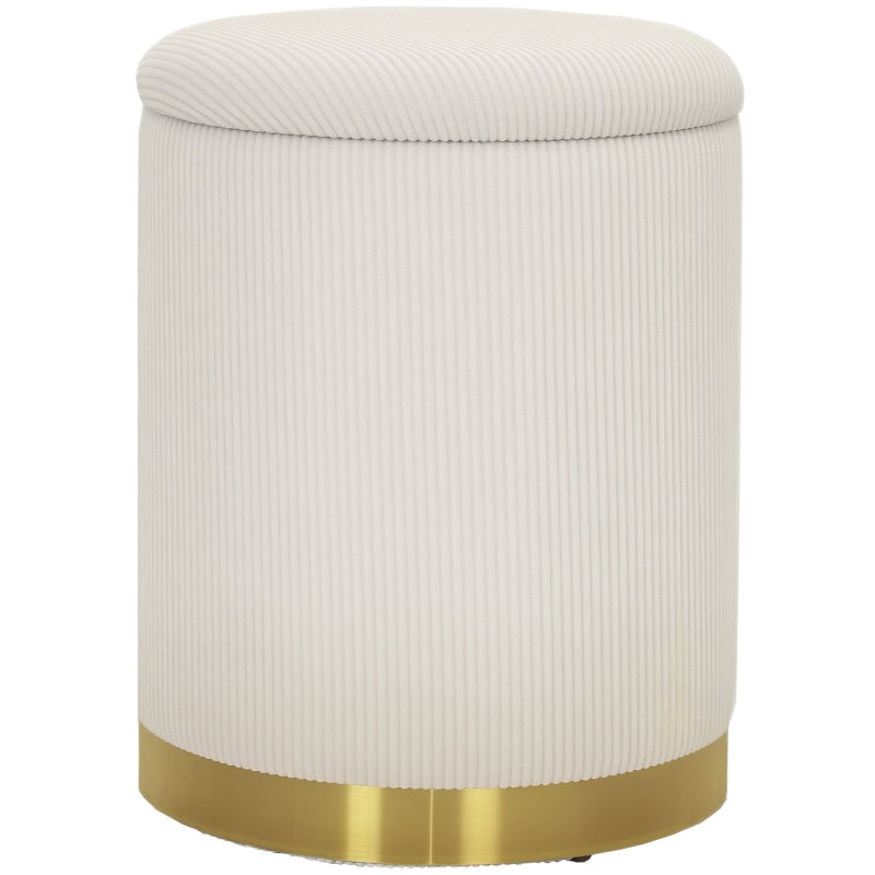 Storage Ottoman Round Footstool Lid Steel Base, Corduroy Cream White