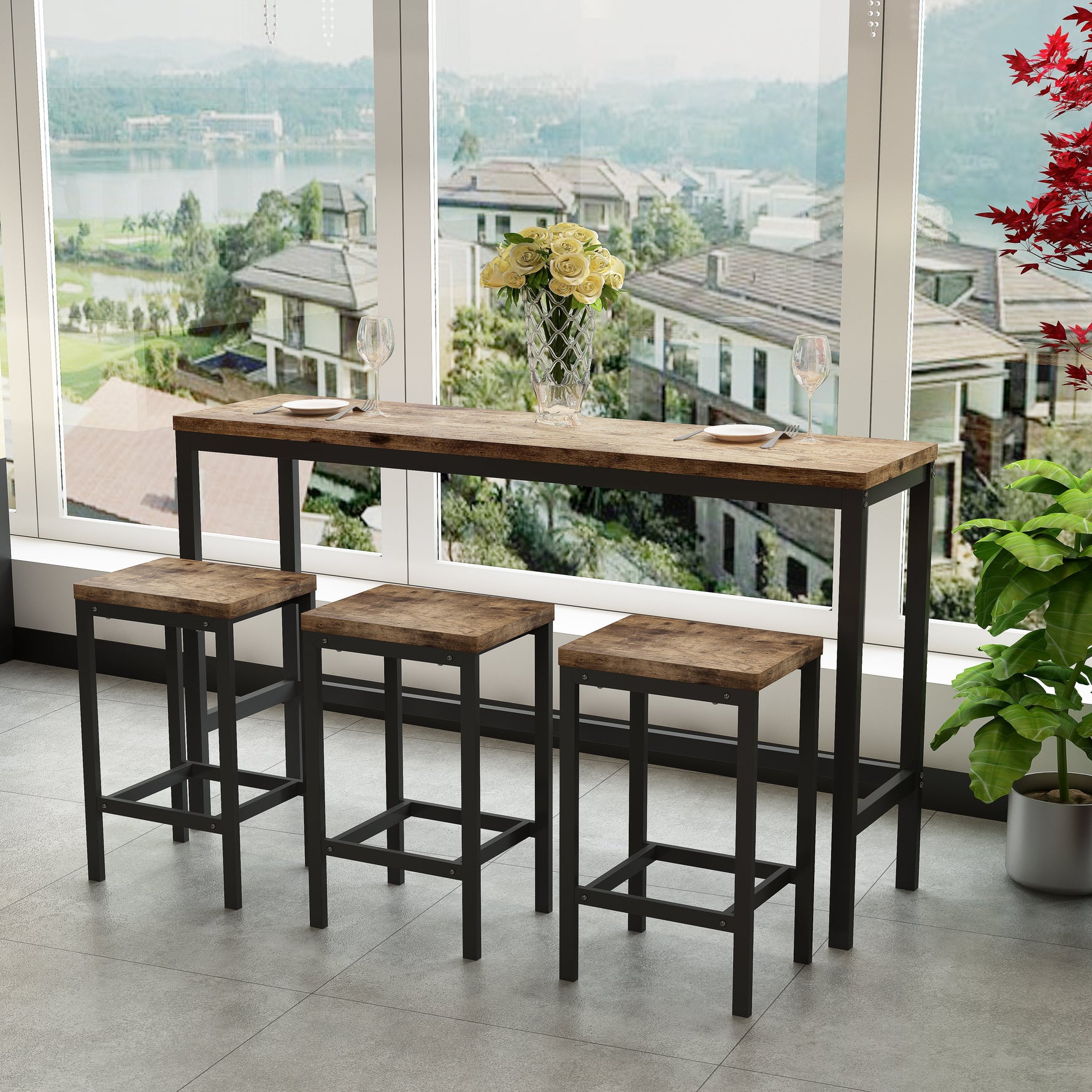 Dining Table Set, 148CM Modern Design Kitchen Pub Table with 3 Stools, Natural