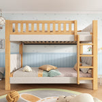 Bunk Bed with Anti-Collision Sponge Edge and Straight Staircase, 90x200cm, Grey and Natural Rubberwood + MDF