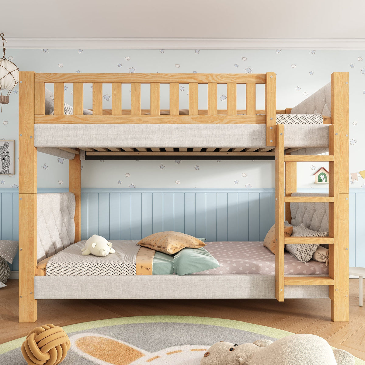 Bunk Bed with Anti-Collision Sponge Edge and Straight Staircase, 90x200cm, Grey and Natural Rubberwood + MDF