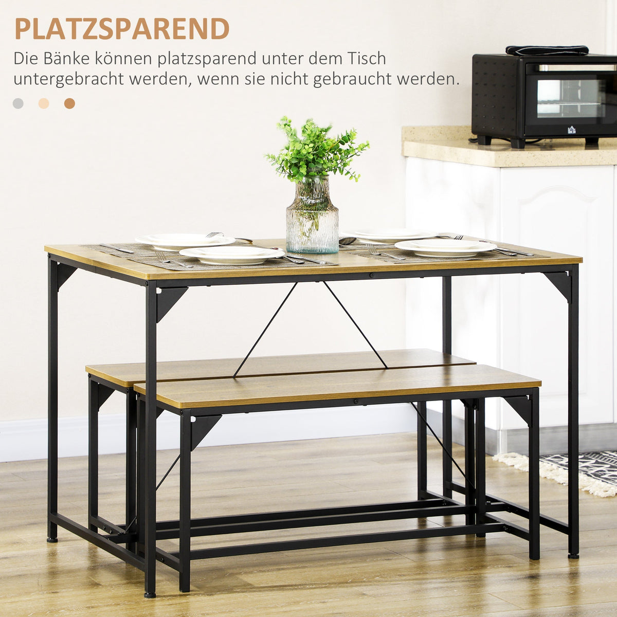 Dining Set, Industrial Design 3-Piece 4 People, Natural Wood