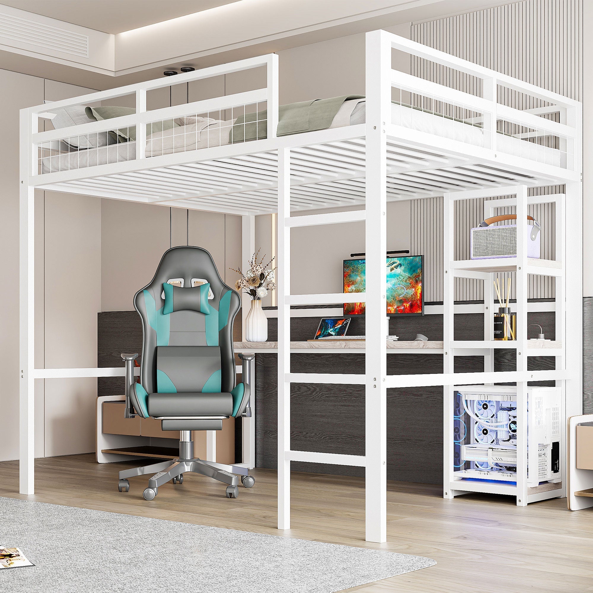 Loft Bed 140x200cm Desk Power/USB-C Shelves Stepladder - White Iron Frame