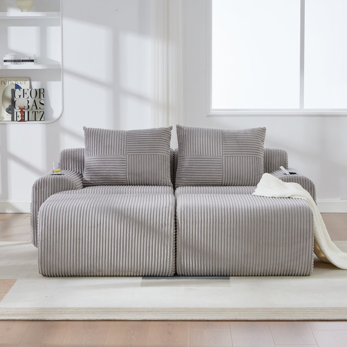 Upholstered Bed 180x200cm Double Hydraulic Storage Cup Holder Charging Station Linen Grey