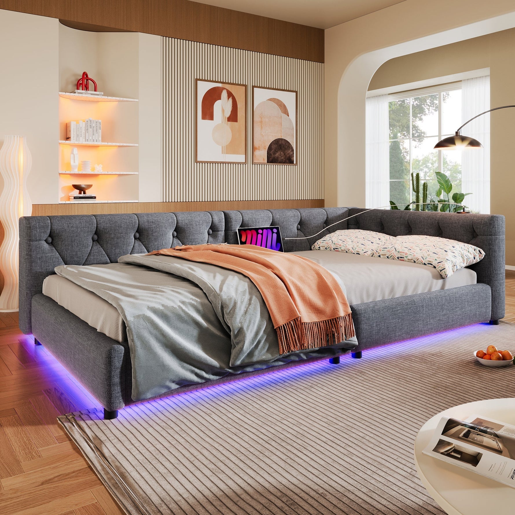 Sofa Bed Daybed 90x200cm Button Tufting Ambient LED USB-C Beige Linen