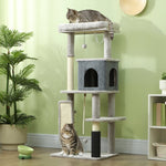 Cat Tree 132cm, Scratching Posts, Bed, House, Platforms, Grooming Brush, Light Grey