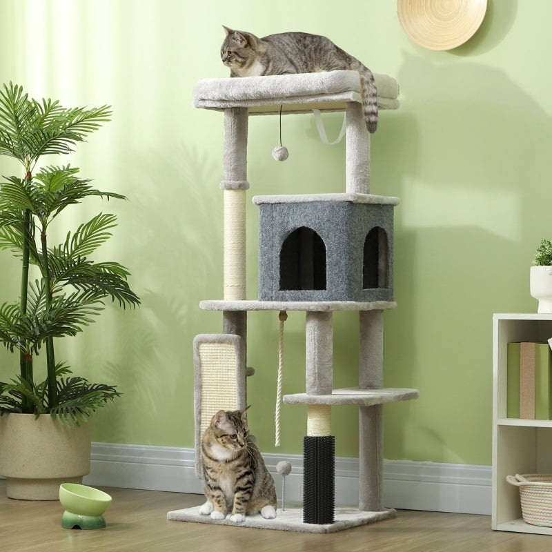 Cat Tree 132cm, Scratching Posts, Bed, House, Platforms, Grooming Brush, Light Grey