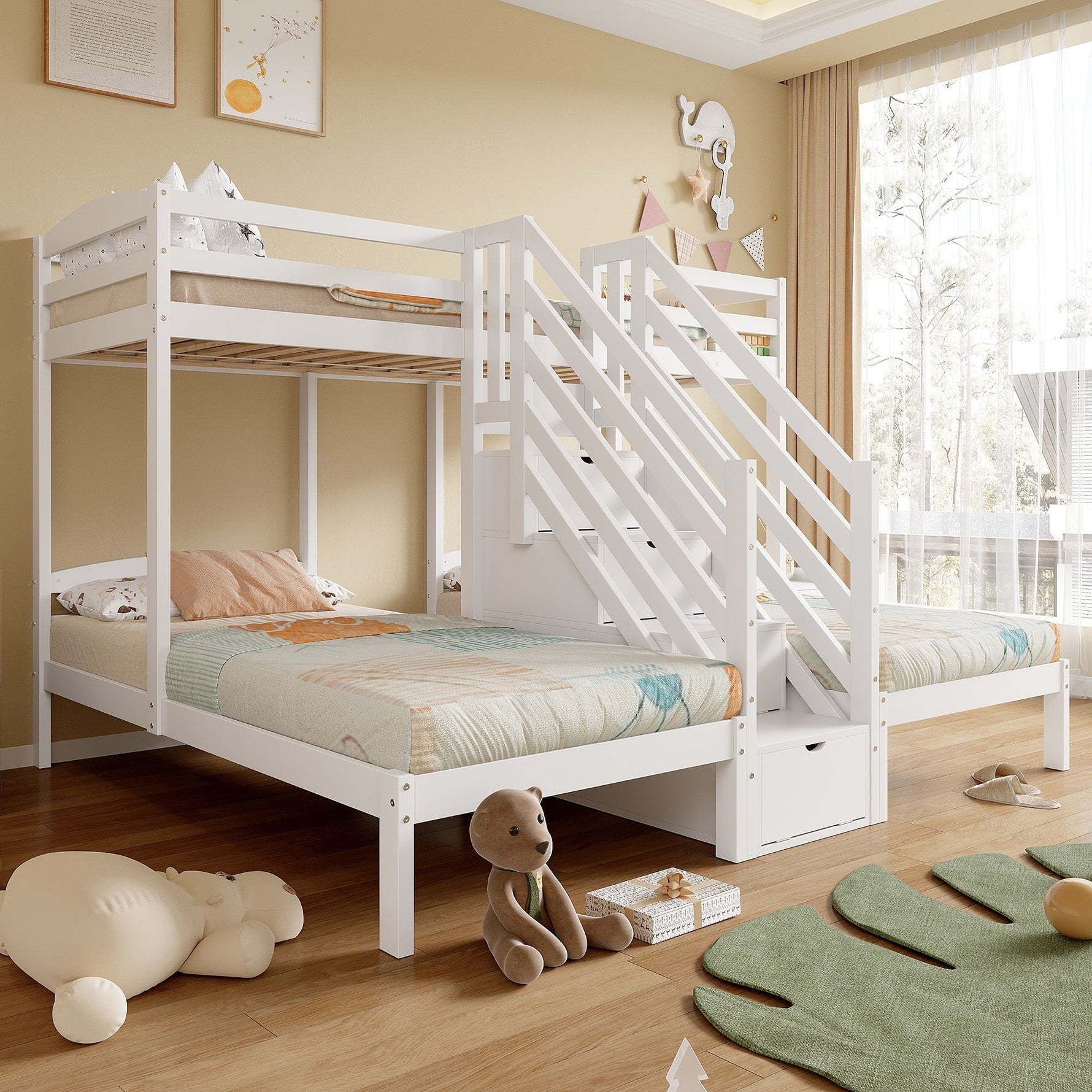 Bunk Bed with 3 Beds and Storage Ladder, White Pine Wood