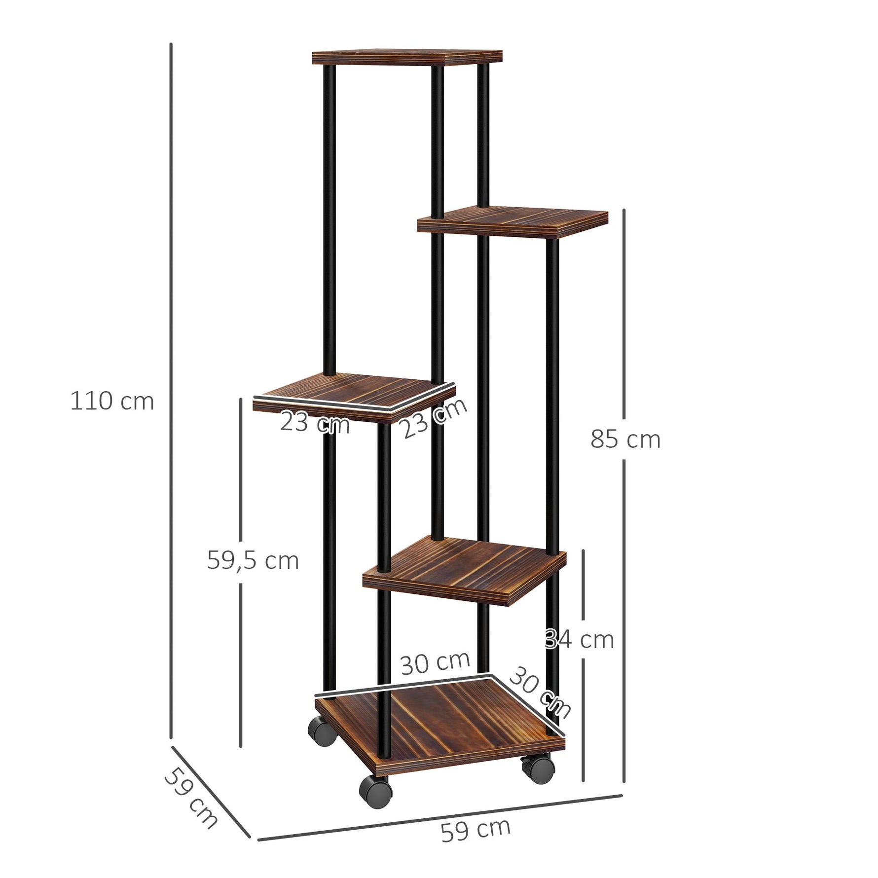 5-Tier Plant Stand, Wheels, 110cm High, Steel Wood, Charred