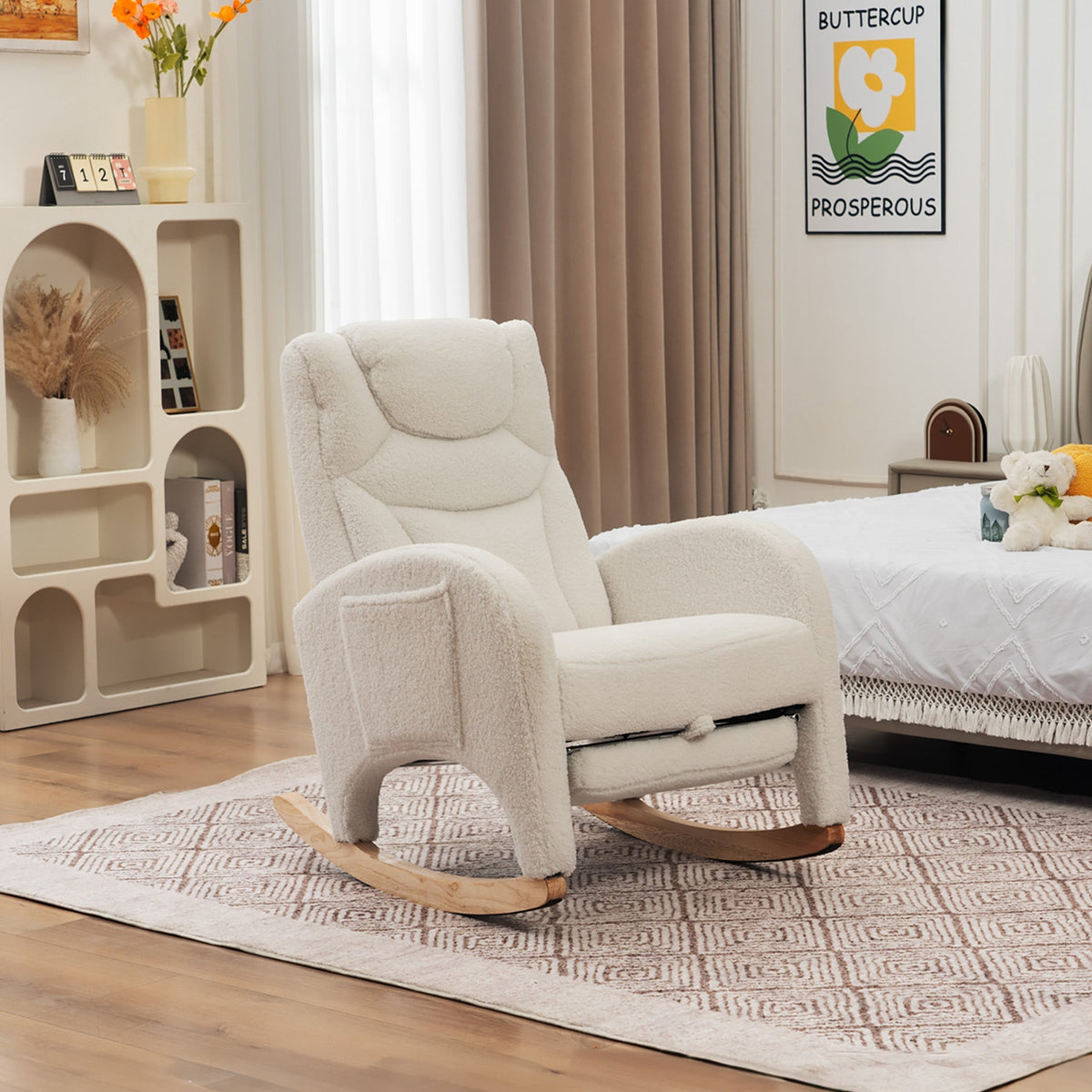 052 Rocking Chair, Upholstered with Armrest, 110 kg, White Teddy Fabric