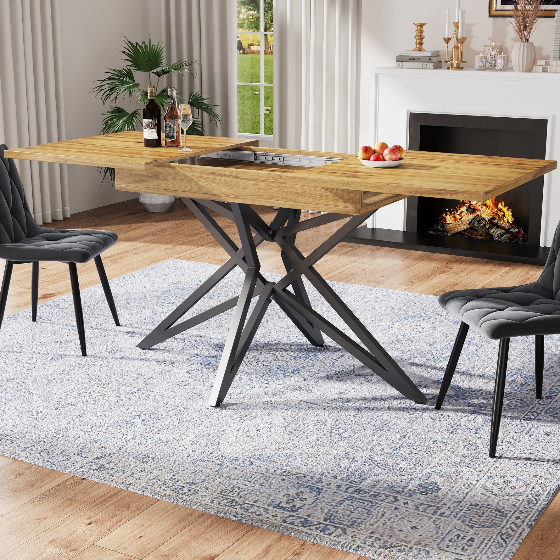 Extendable Dining Table Set with 4 Chairs, Dark Grey Velvet and Walnut Look