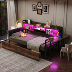 Iron Sofa Bed 90x200cm LED Storage Drawers Fold-Out Desk, Wood Color