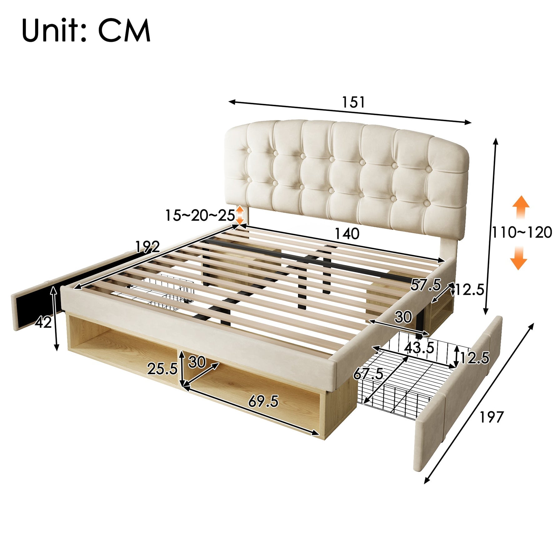Double Bed with Storage Drawers and Adjustable Headboard, 140x190cm, Beige Velvet