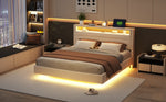 Upholstered Bed 160x200 cm with USB & LED Light, Beige Linen