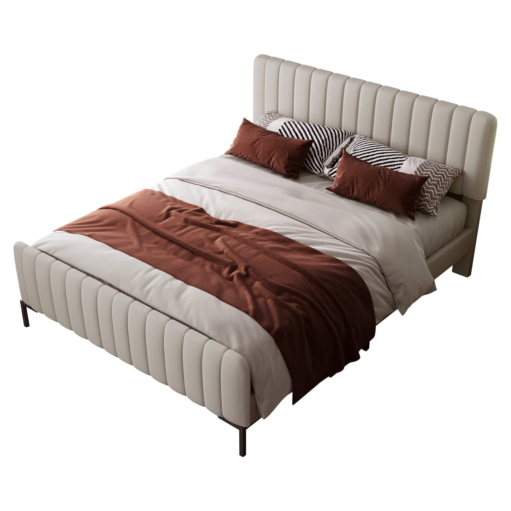 Upholstered Double Bed 140 x 200 cm, Adjustable Headboard, Grey-Beige Linen