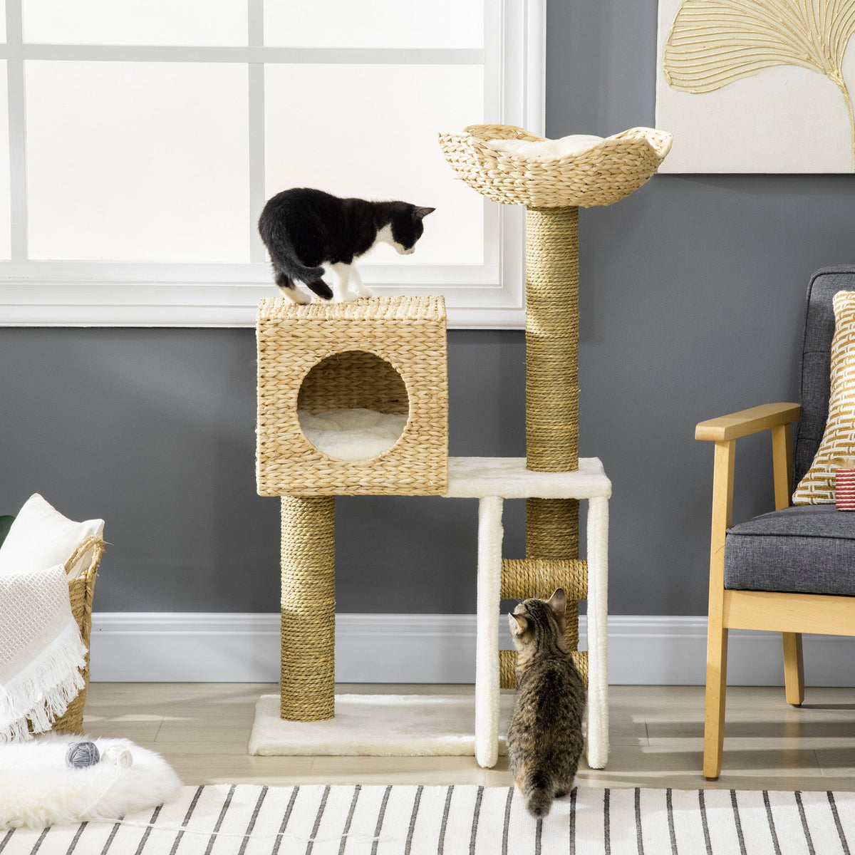 Cat Tree, 100.5 cm High, Cat Cave, Bed, Stairs, Sisal, Natural