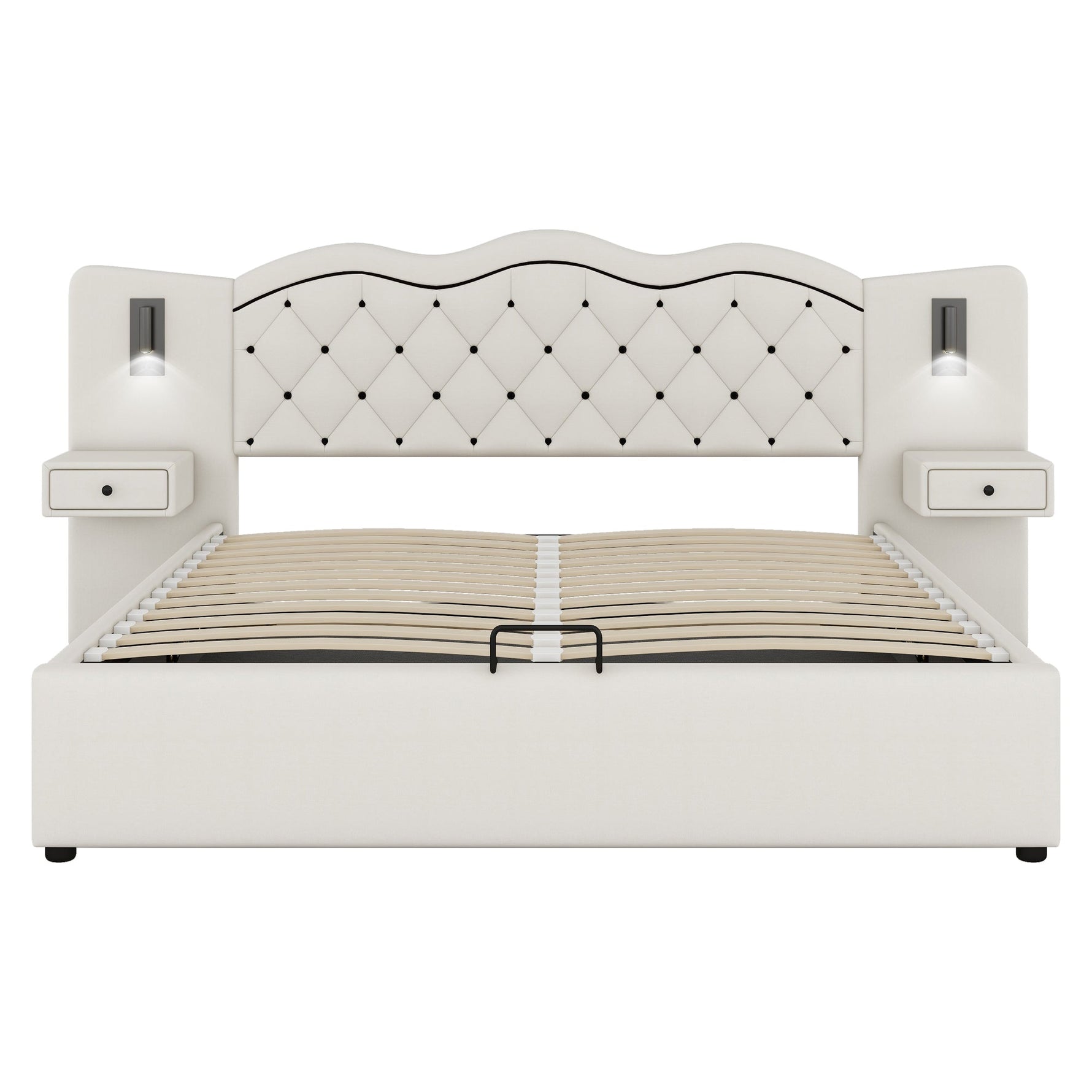 Upholstered Bed 180x200cm Hydraulic Lift Storage Headboard USB Lamps - Beige