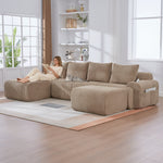 Modular Corduroy Sofa 4-Seater with 2 Ottomans Cup Holders Storage Pocket Khaki