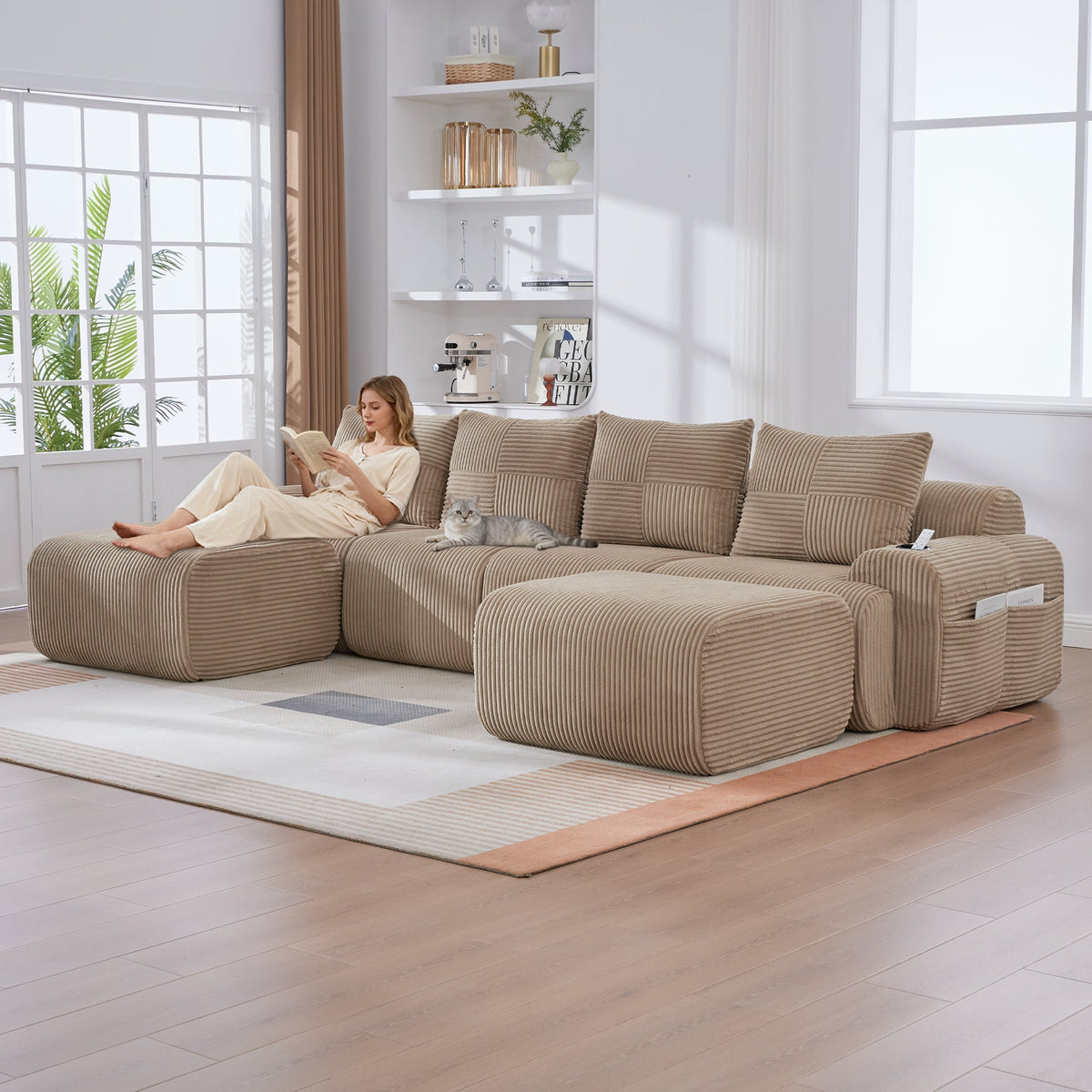 Modular Corduroy Sofa 4-Seater with 2 Ottomans Cup Holders Storage Pocket Khaki