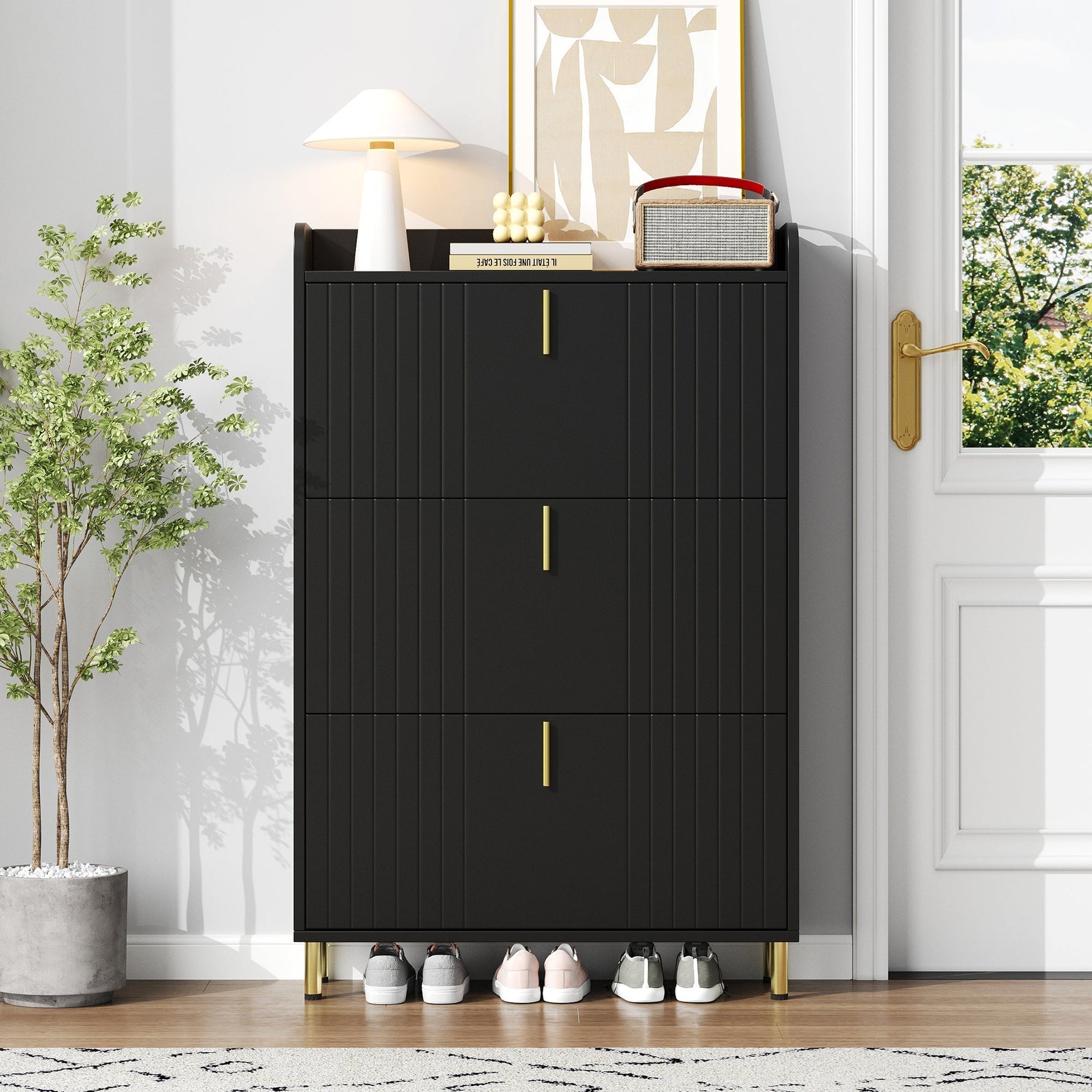 Shoe Cabinet 3 Doors 6 Adjustable Compartments Narrow Anti-tip Black