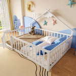 Children's Flatbed with House Rail and Locking Railing, 140x190 cm, White Pine Wood