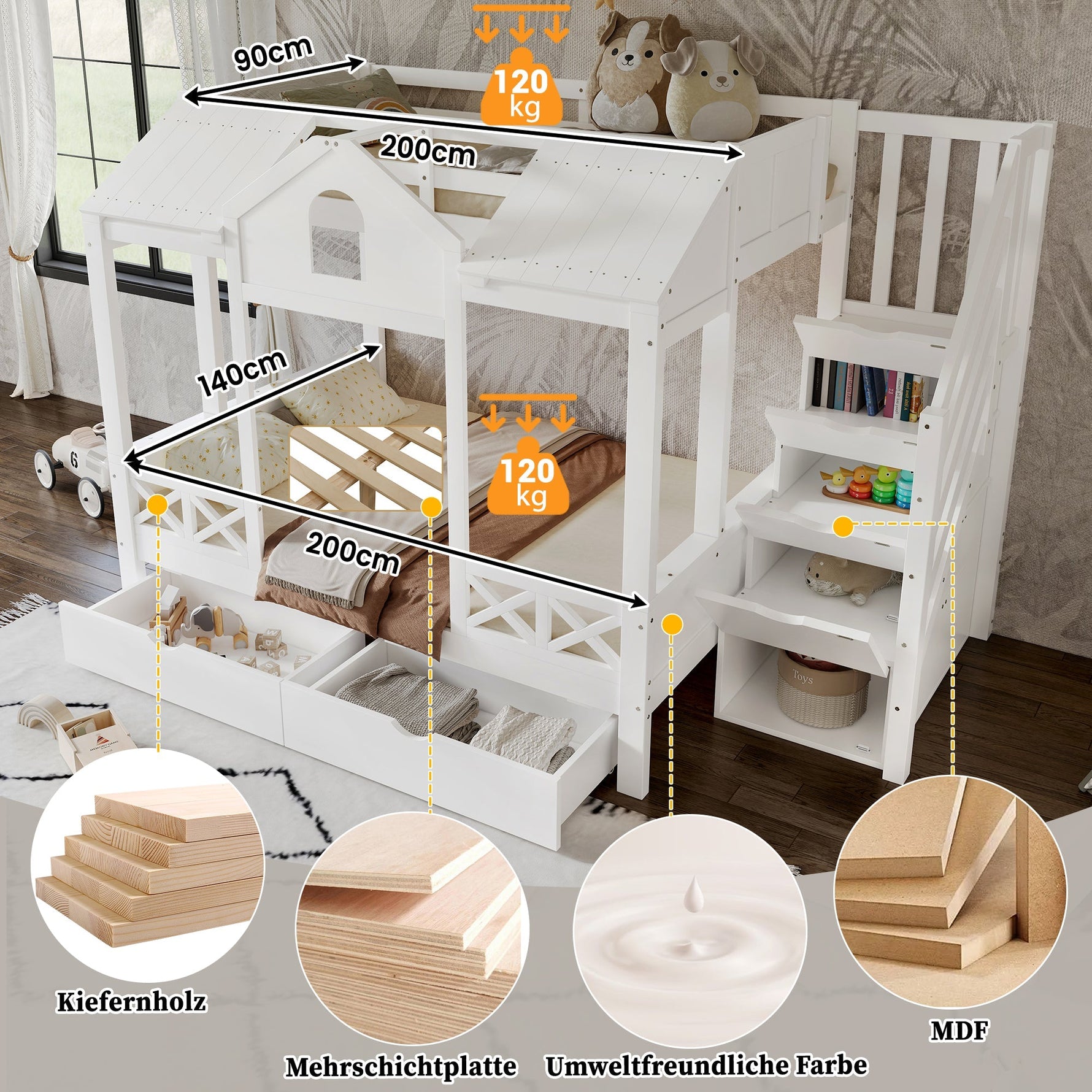 Bunk Bed with Windows Roof Stair Storage Drawers 90/140x200cm White Pine