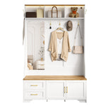 Hallway & Shoe Cabinet, LED, Mirror, Hooks, Drawers, Wood White