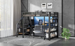 Metal Loft Bed 140x200cm with Stairs, Integrated Desk, Wardrobe, USB Charging and LED Lighting, Black