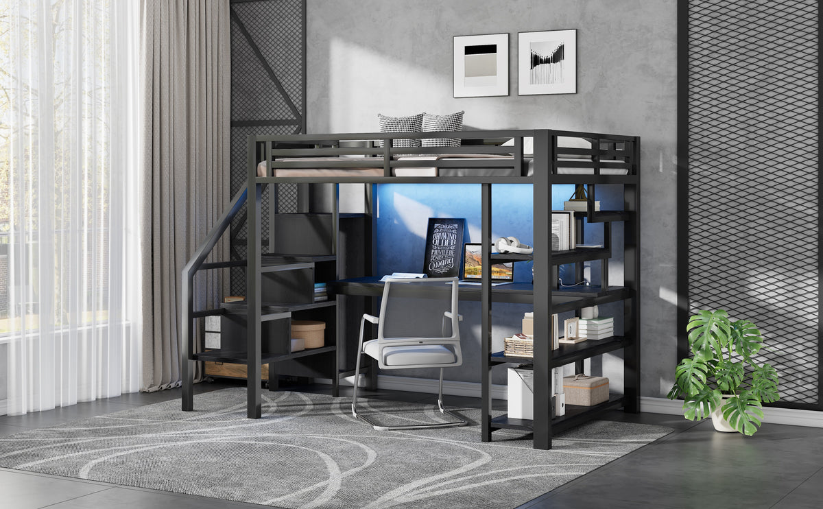 Metal Loft Bed 140x200cm with Stairs, Integrated Desk, Wardrobe, USB Charging and LED Lighting, Black