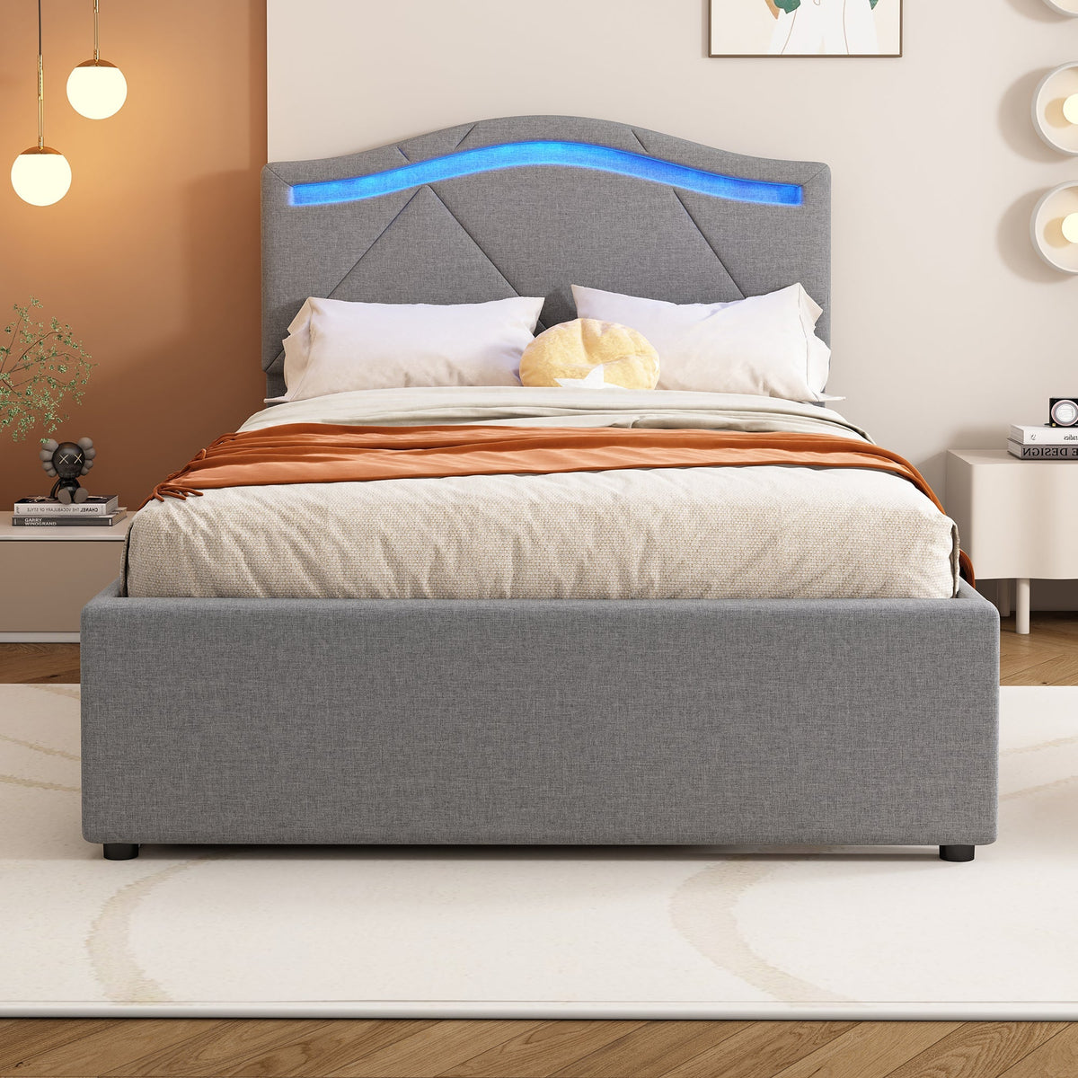 Upholstered Bed with LED Lights, 2 Drawers and Adjustable Headboard, Grey Linen