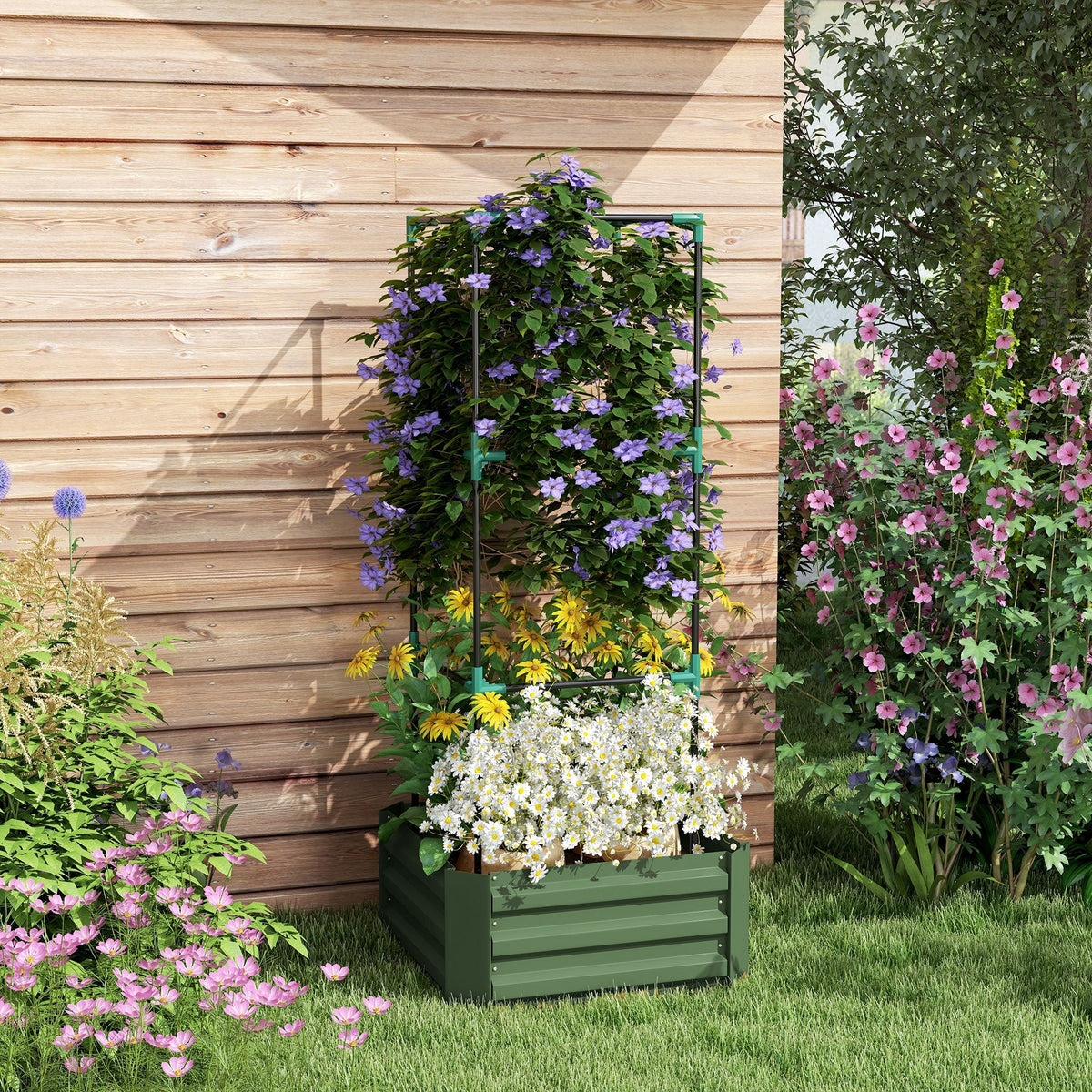 Raised Garden Bed with Trellis Flower & Vegetable Planter, Galvanized Steel, Green