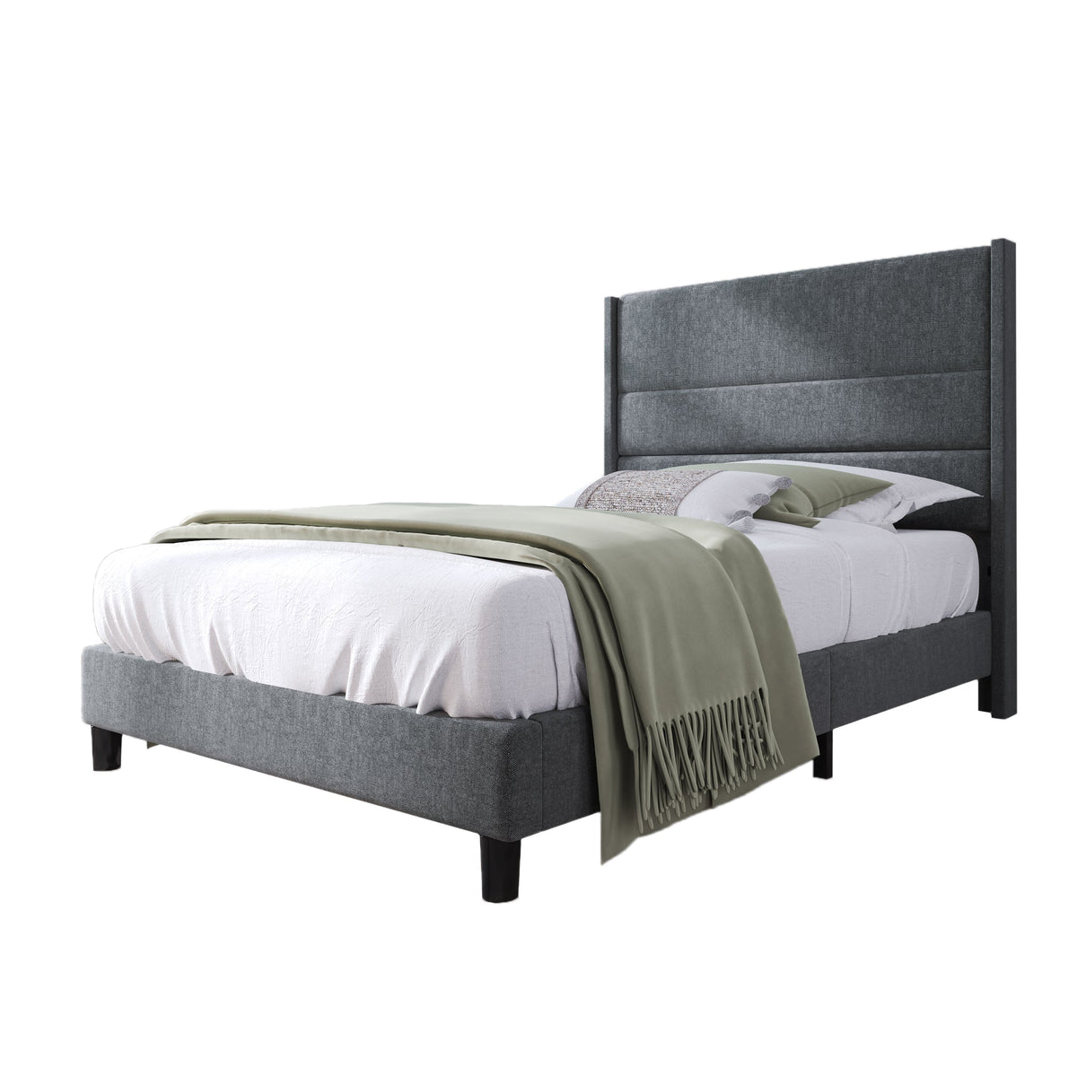 Upholstered Bed, 90x200cm with Slatted Frame & Headboard, Grey Linen