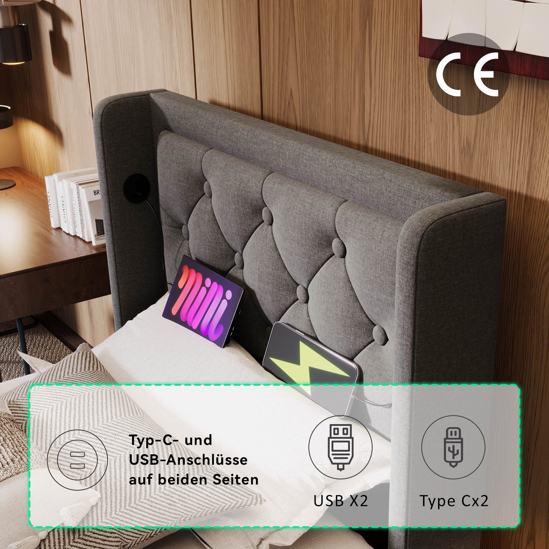Upholstered Double Bed 90x200cm Hydraulic Storage USB-C LED Headboard, Grey Cotton