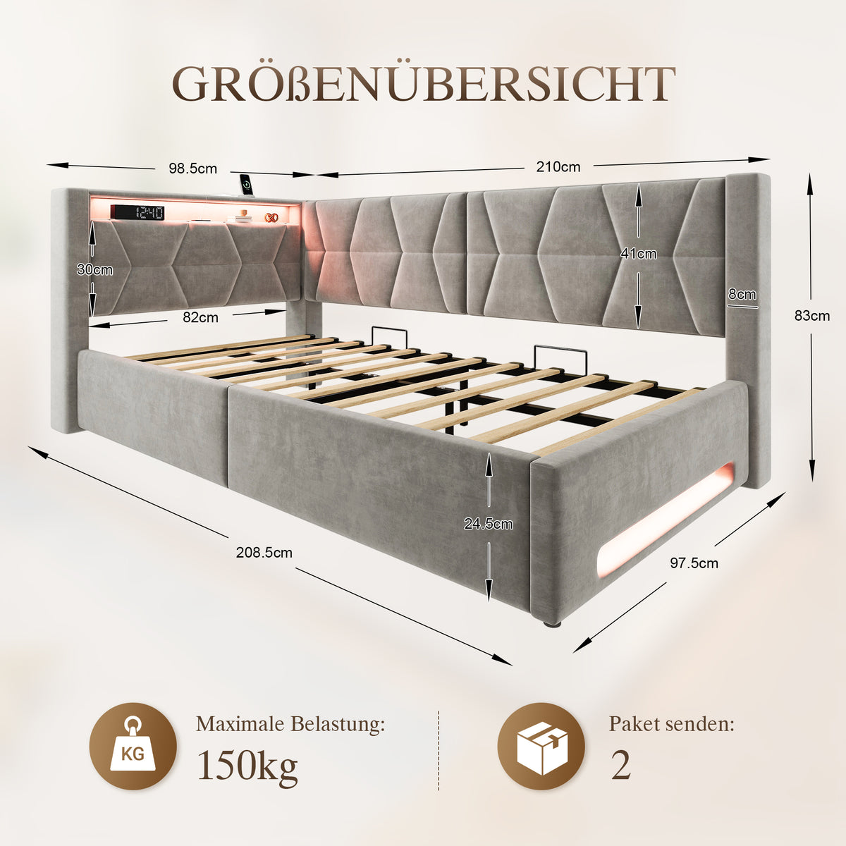 Upholstered Bed 90x200 cm with Storage & LED, Grey Velvet