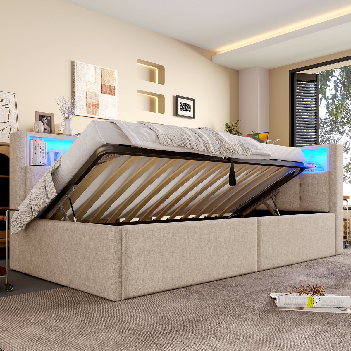 Daybed 90x200cm with Hydraulic Storage & LED, Beige Linen