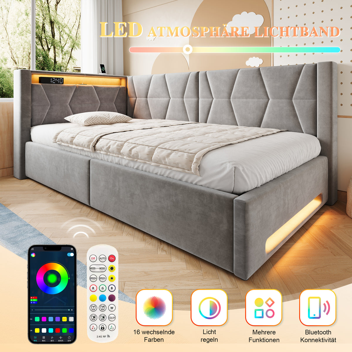 Upholstered Bed 90x200 cm with Storage & LED, Grey Velvet