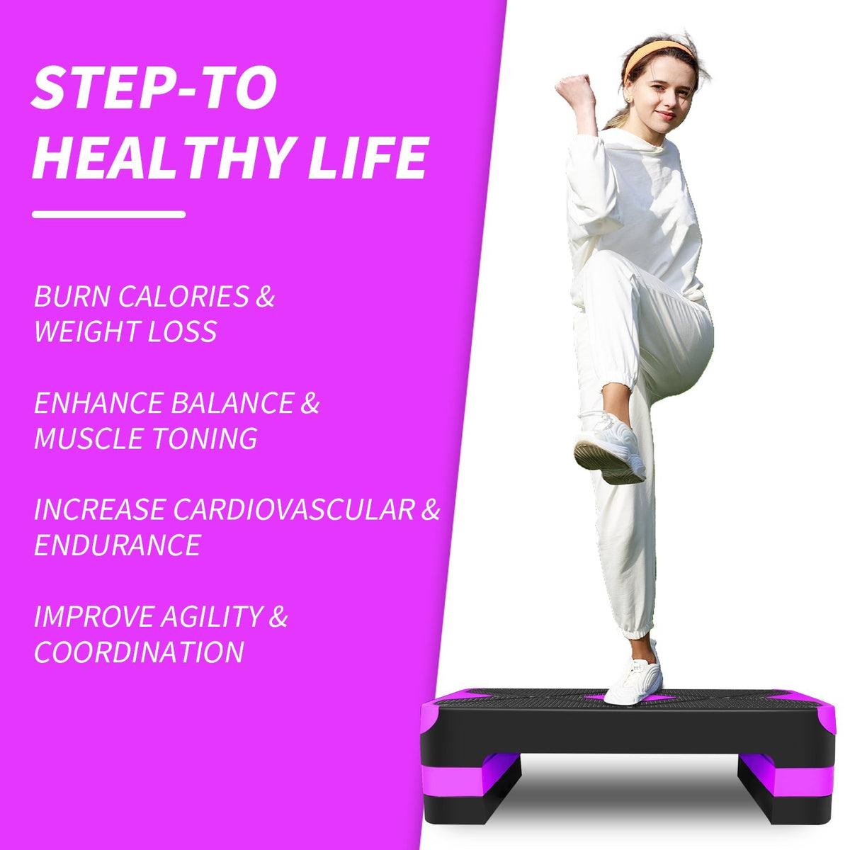 Aerobic Exercise Step Platform 27" with Adjustable Height Risers - Purple