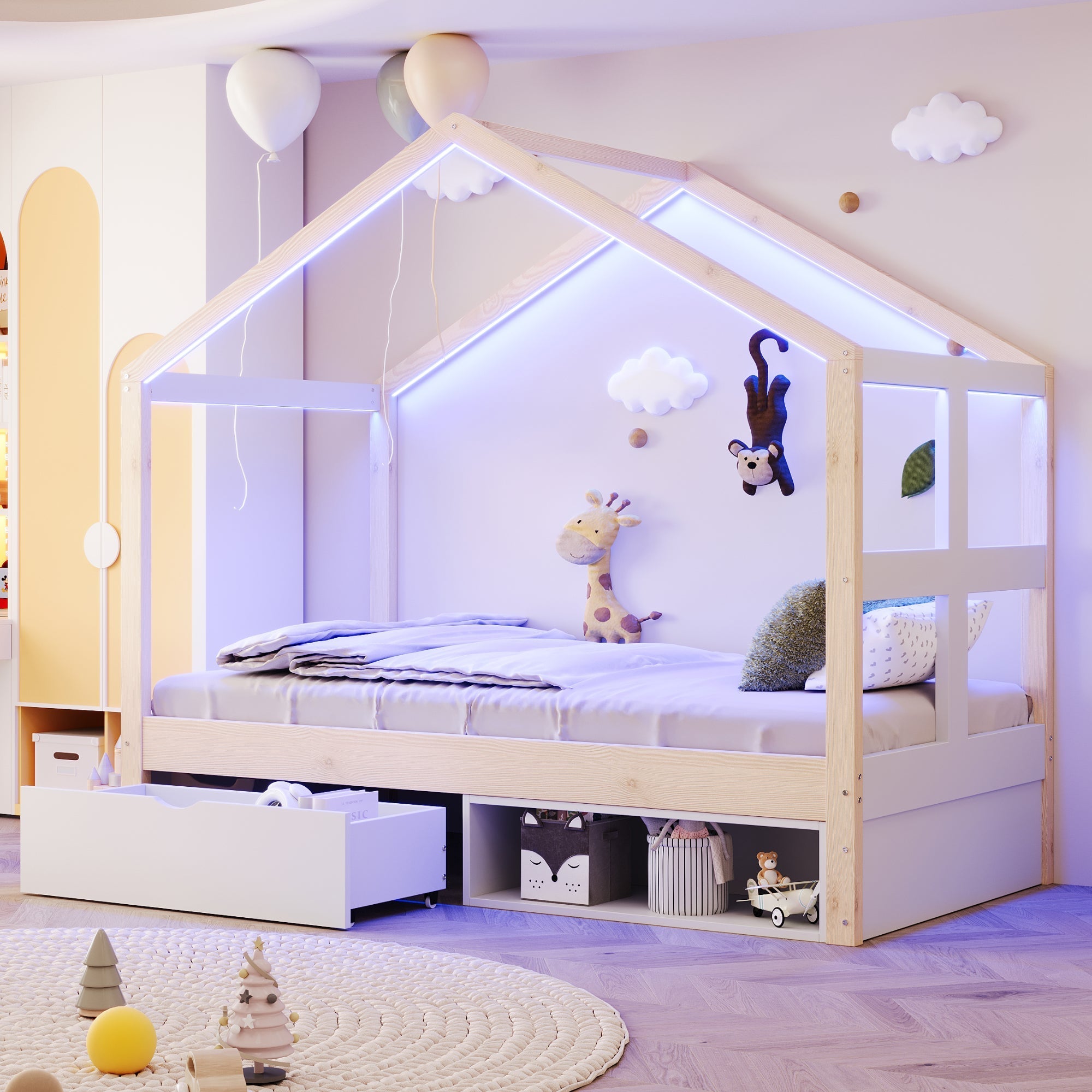 Wooden Bed with Drawers, Shoe Cabinet and LED Lighting, 90x190cm, Wood Color