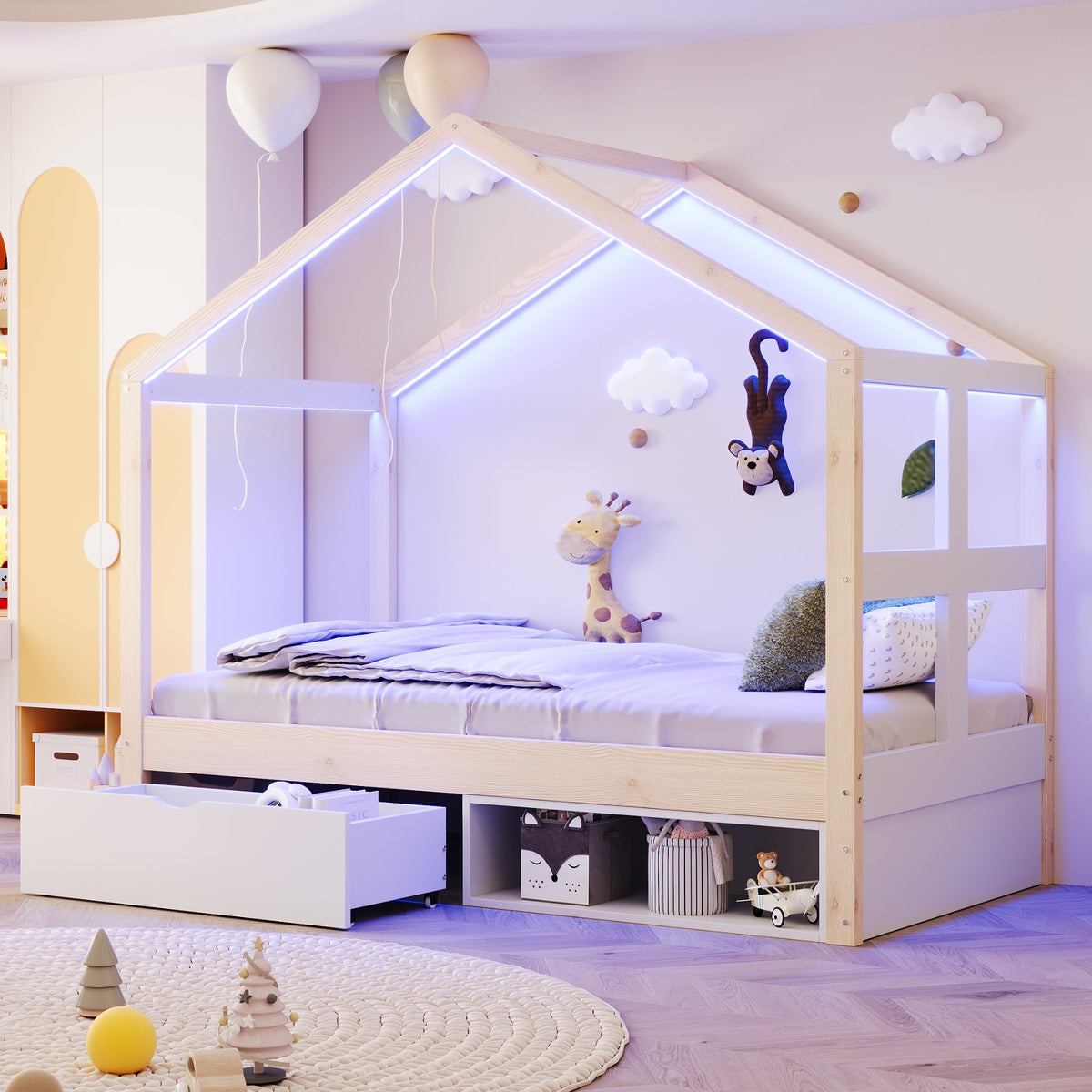 Wooden Bed with Drawers, Shoe Cabinet and LED Lighting, 90x190cm, Wood Color