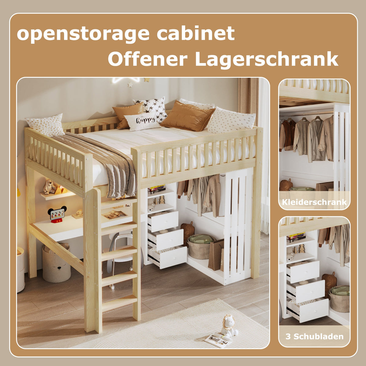 Loft Bed with Desk, Wardrobe and 3 Drawers, Natural