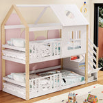 Bunk Bed, Storage Ladder House Bed with Safety Gate, Window & Roof, Pine+MDF White+Natural, 90x200cm