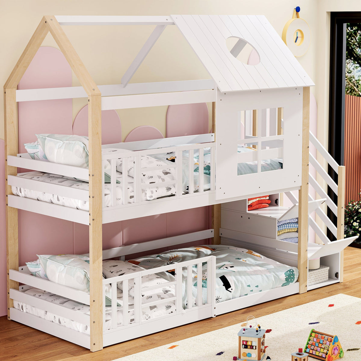 Bunk Bed, Storage Ladder House Bed with Safety Gate, Window & Roof, Pine+MDF White+Natural, 90x200cm