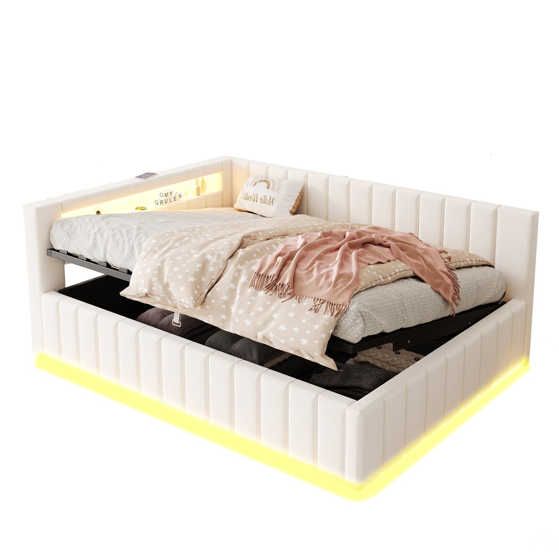 Upholstered Sofa Bed 140x200 Hydraulic Storage LED USB Port, Beige Velvet