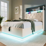 Upholstered Single Bed, 360° LED, Hydraulic Storage, USB-C Charging, White PU