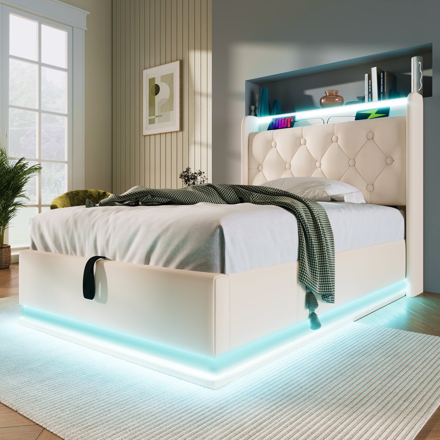 Upholstered Single Bed, 360° LED, Hydraulic Storage, USB-C Charging, White PU
