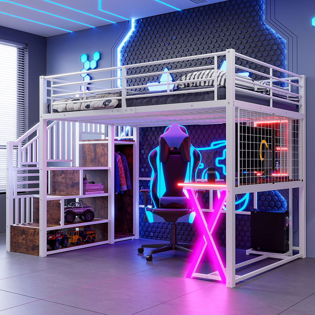 Loft Bed 140x200cm with Desk, Wardrobe & LED Lights, White