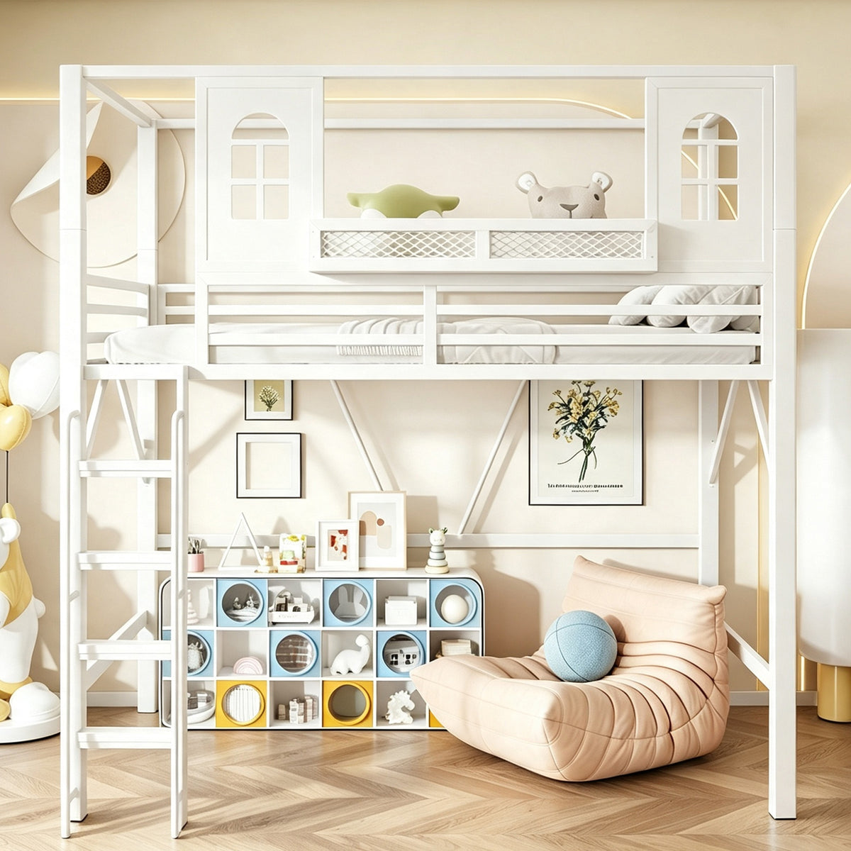 Children's Loft Bed 90x200 cm with Roof Design, White Metal