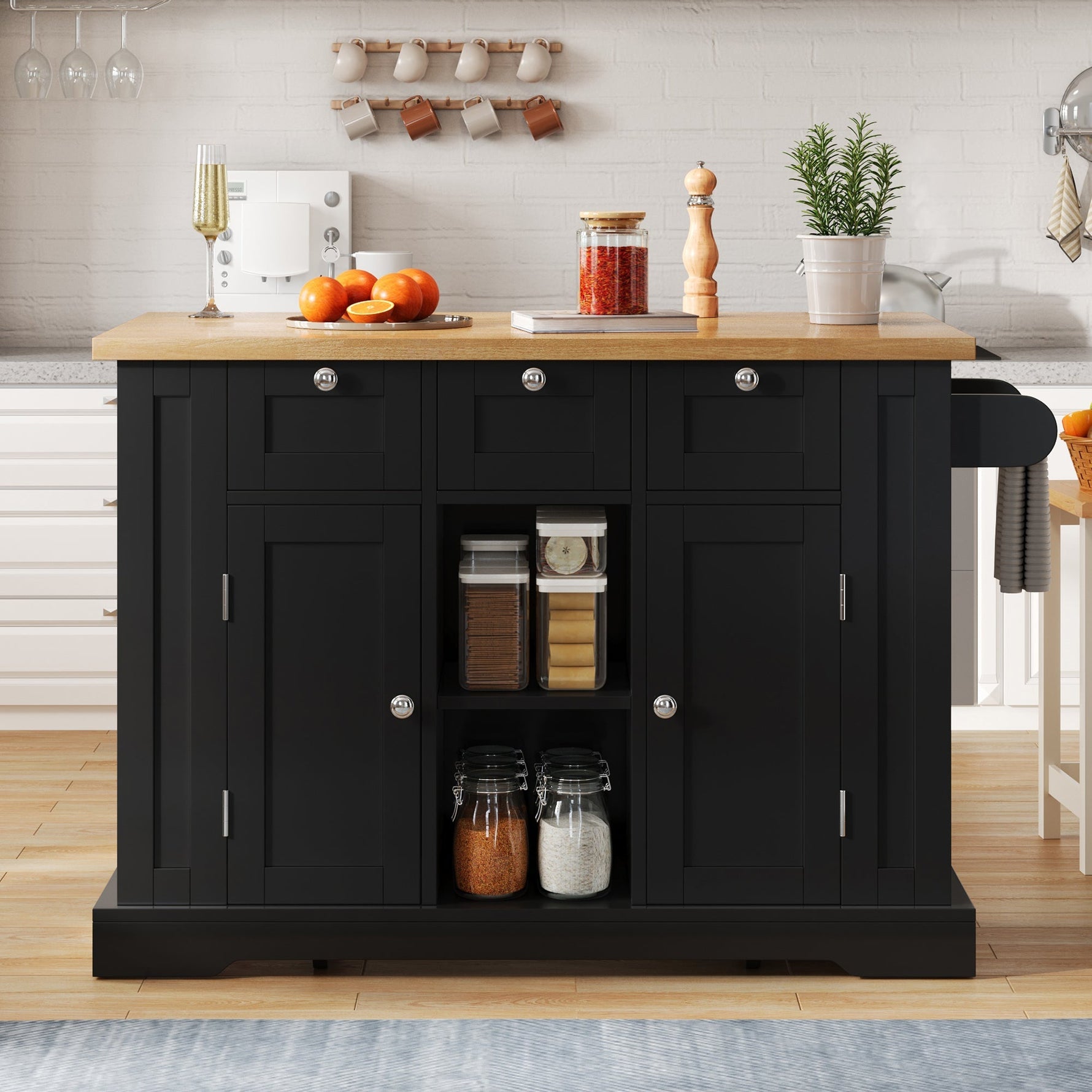 Mobile Kitchen Cart 132cm Folding Worktop Multifunctional Storage Cabinet Integrated Socket Country Style
