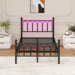 Metal Bed Frame with Vintage Headboard, Footboard, USB & LED, Black