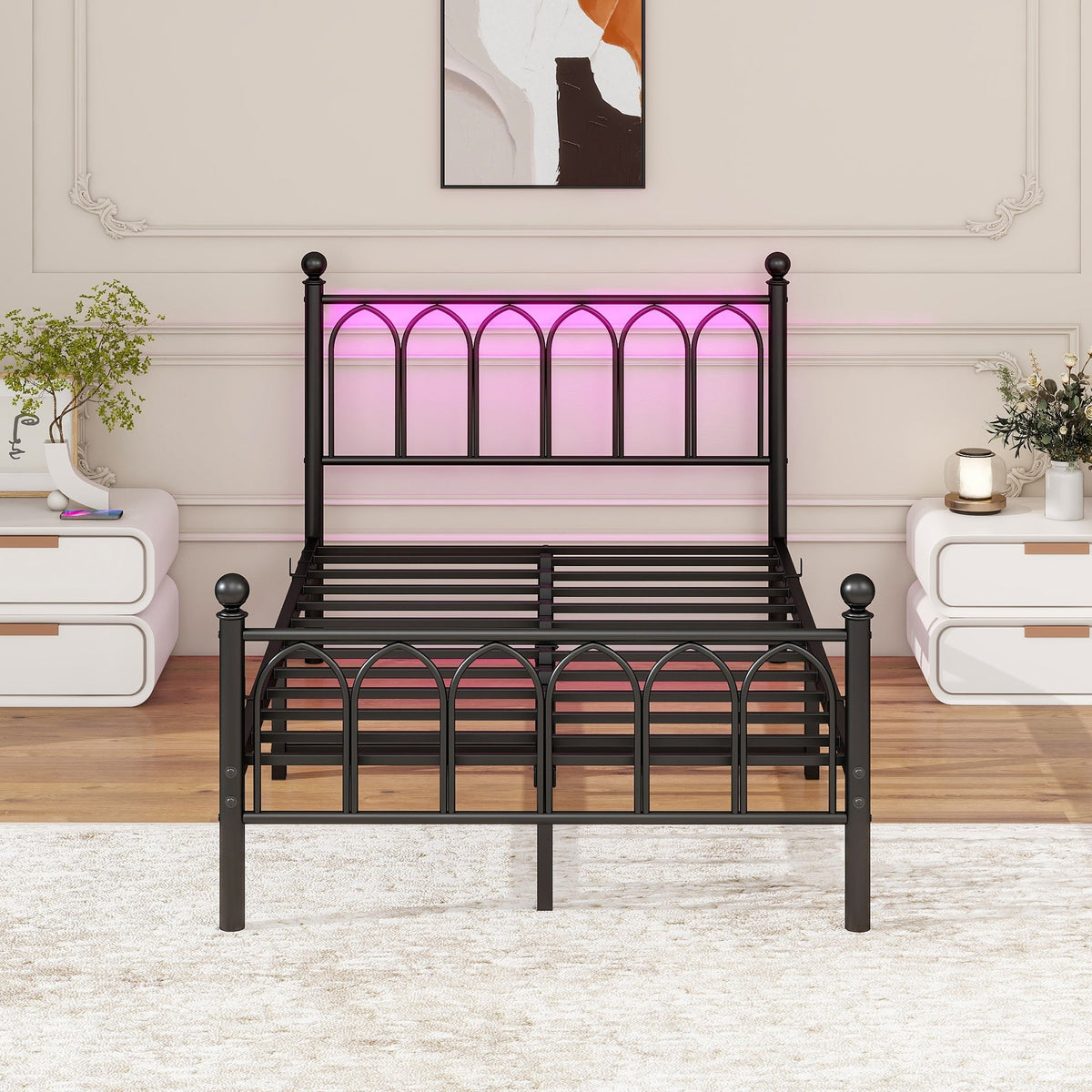 Metal Bed Frame with Vintage Headboard, Footboard, USB & LED, Black