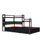 Gaming-Style Metal Bed Frame with 3 Drawers, LED Lighting, USB Ports, Pegboard and Side Shelves, Black Metal